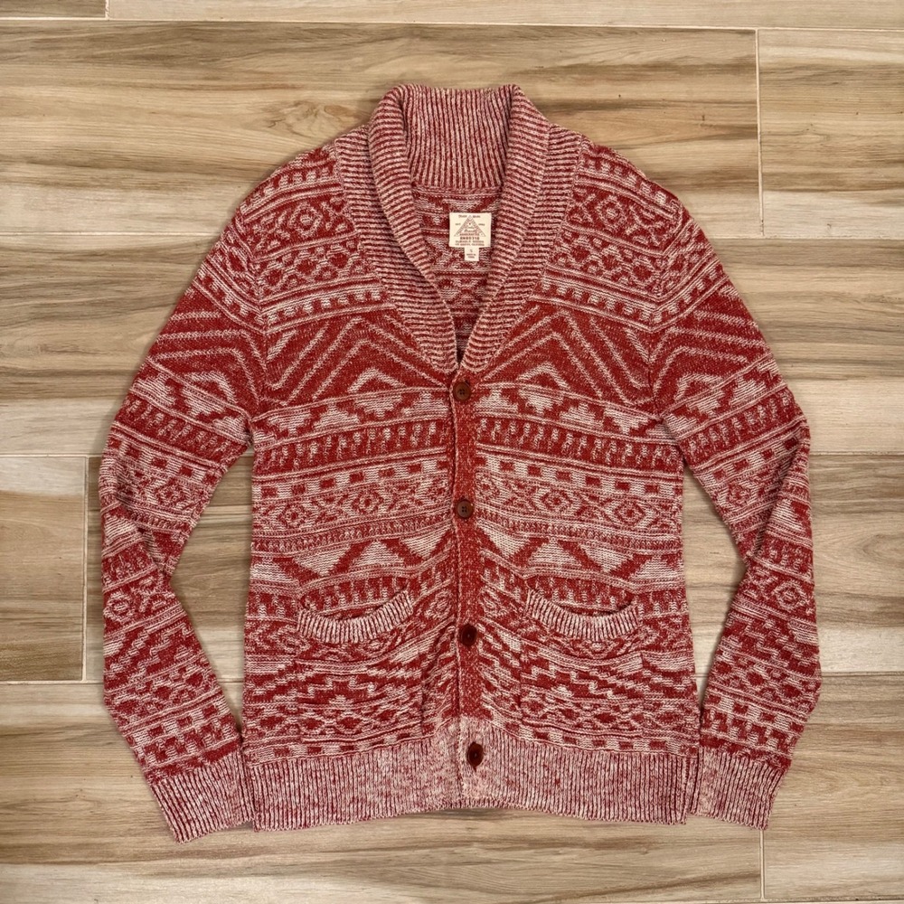 Lucky Brand Southwestern Aztec Shawl Cardigan Sweater Red Cream Mens Small S